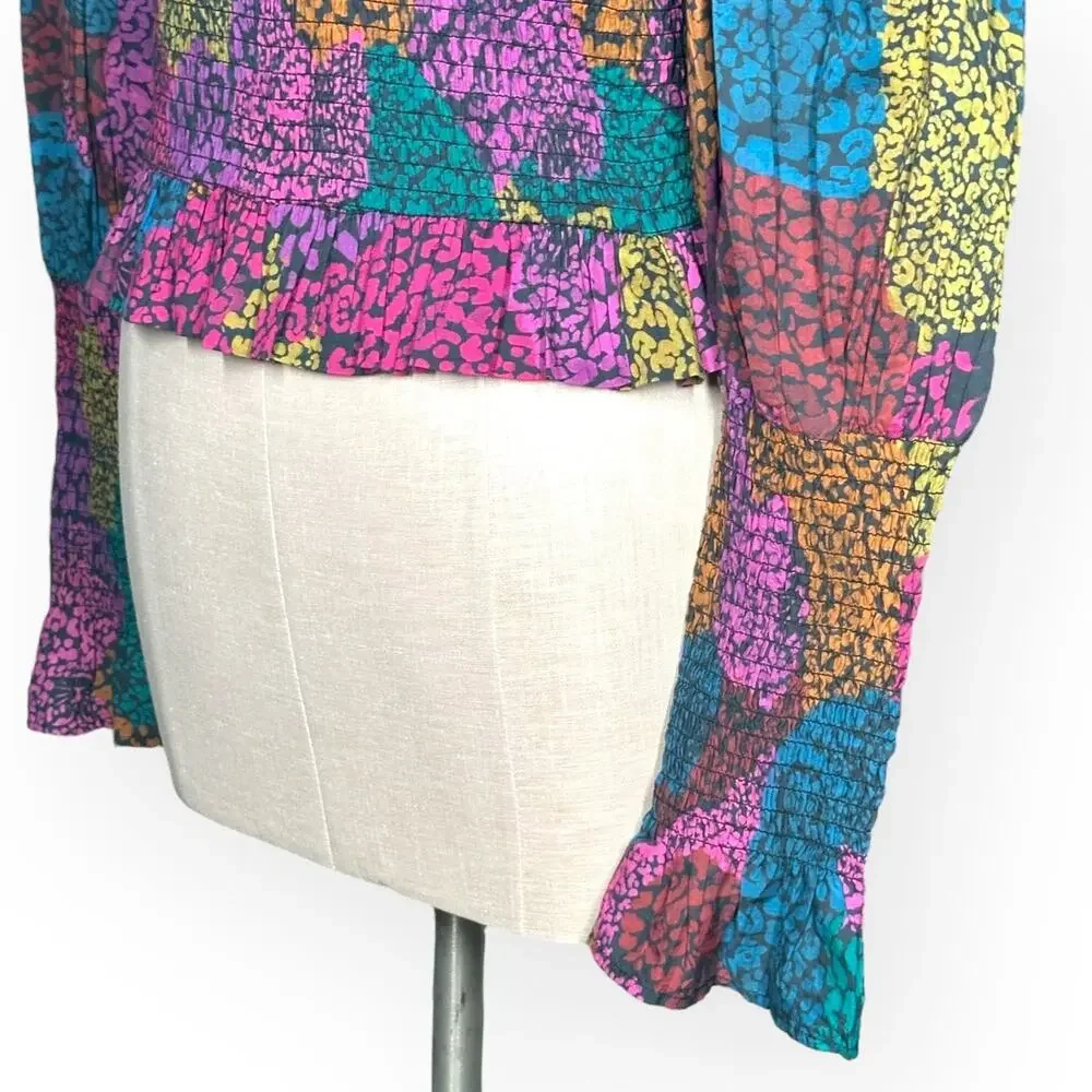 FARM RIO Leopard Rainbow Mix Blouse Smocked Ruffle Boho Cottagecore Glam Indie